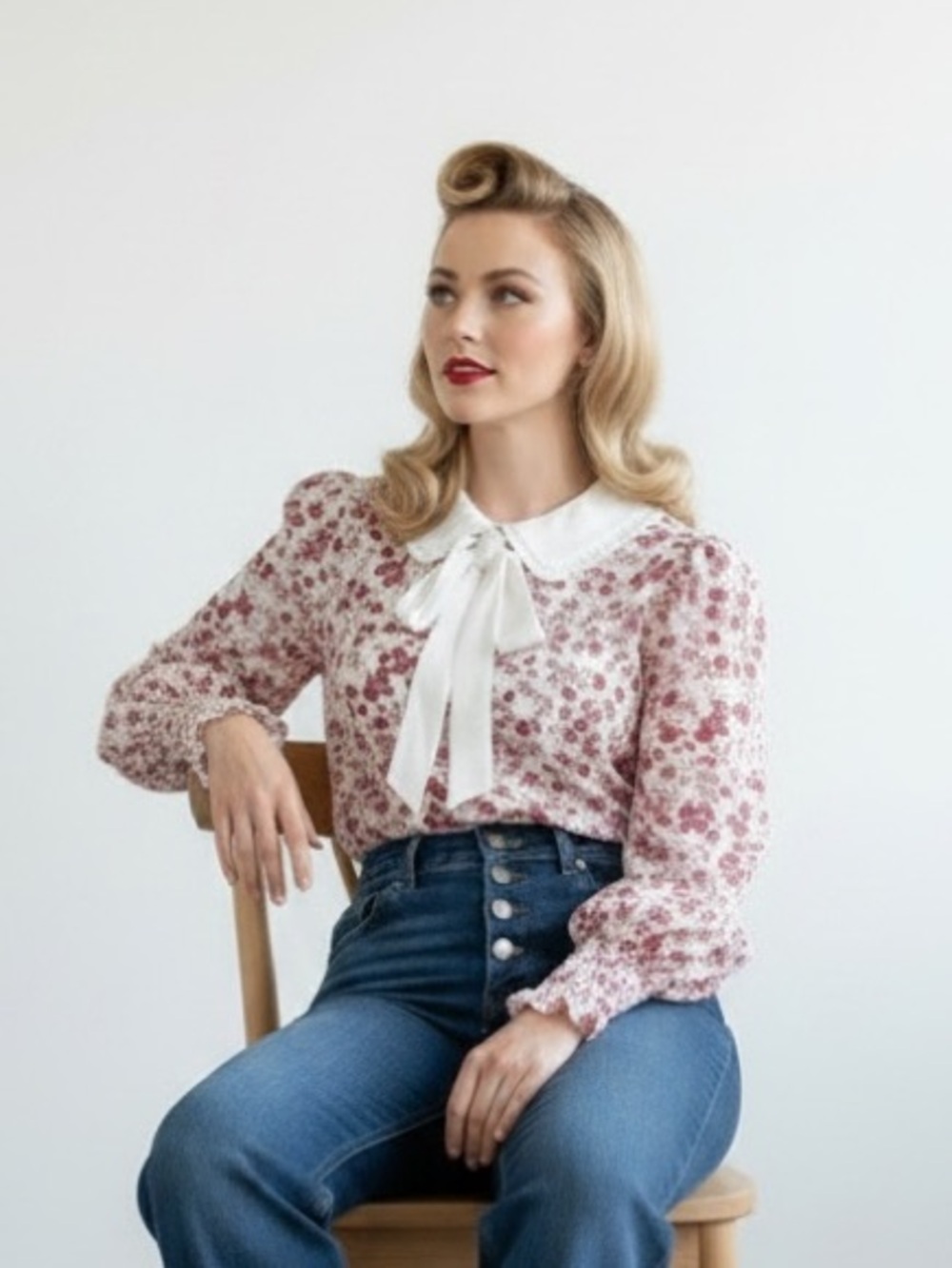 Cece Vintage-Inspired Floral Bow Blouse, Red/White, Medium, NWT